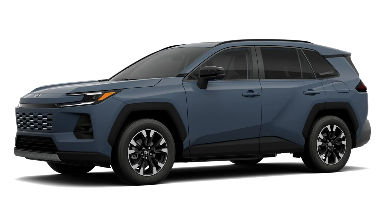 Blue-gray 2026 Toyota RAV4 hybrid with black wheels, side view