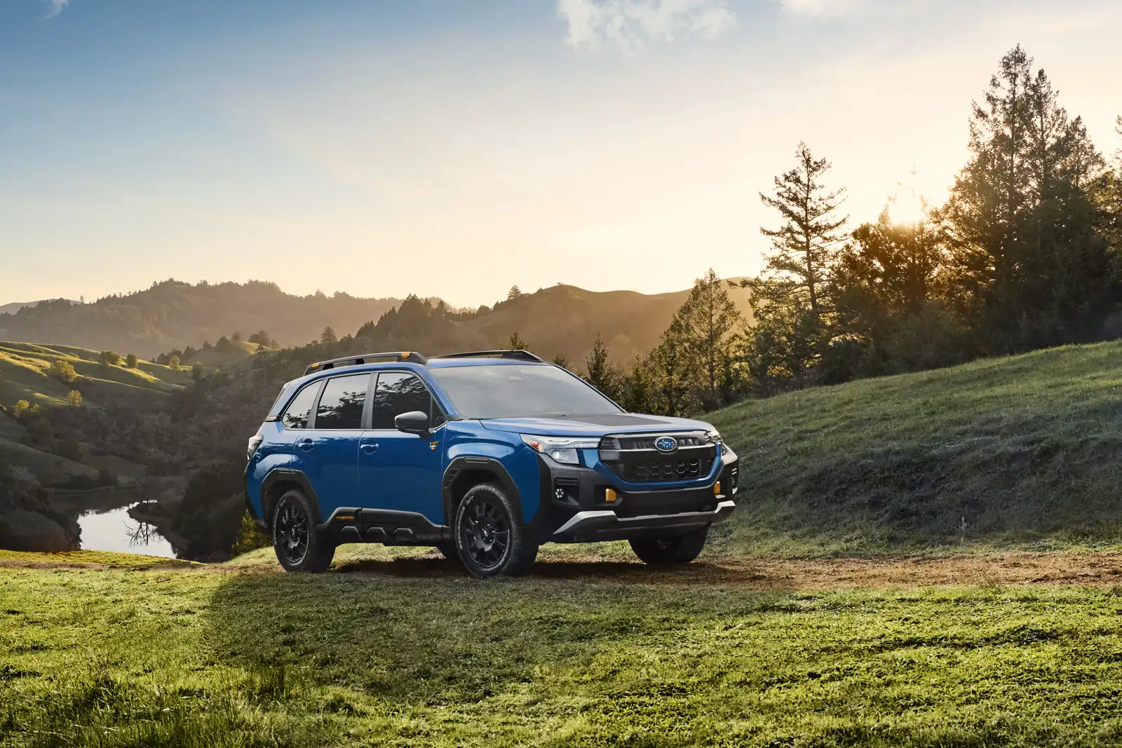 Blue Subaru Forester Wilderness parked on a grassy hillside at sunset