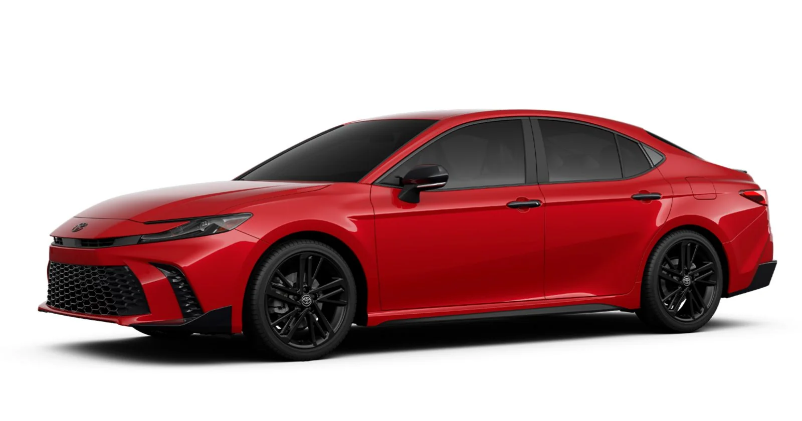 Red 2027 Toyota Camry Nightshade with black wheels, front three-quarter view