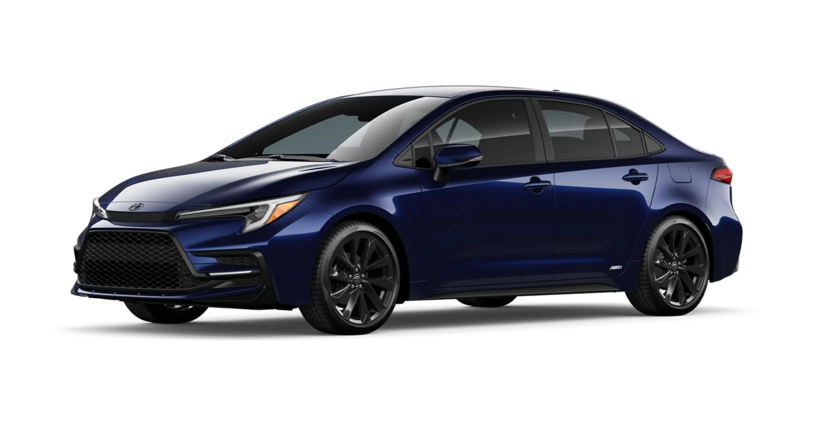 Dark blue 2027 Toyota Corolla Hybrid sedan with black wheels