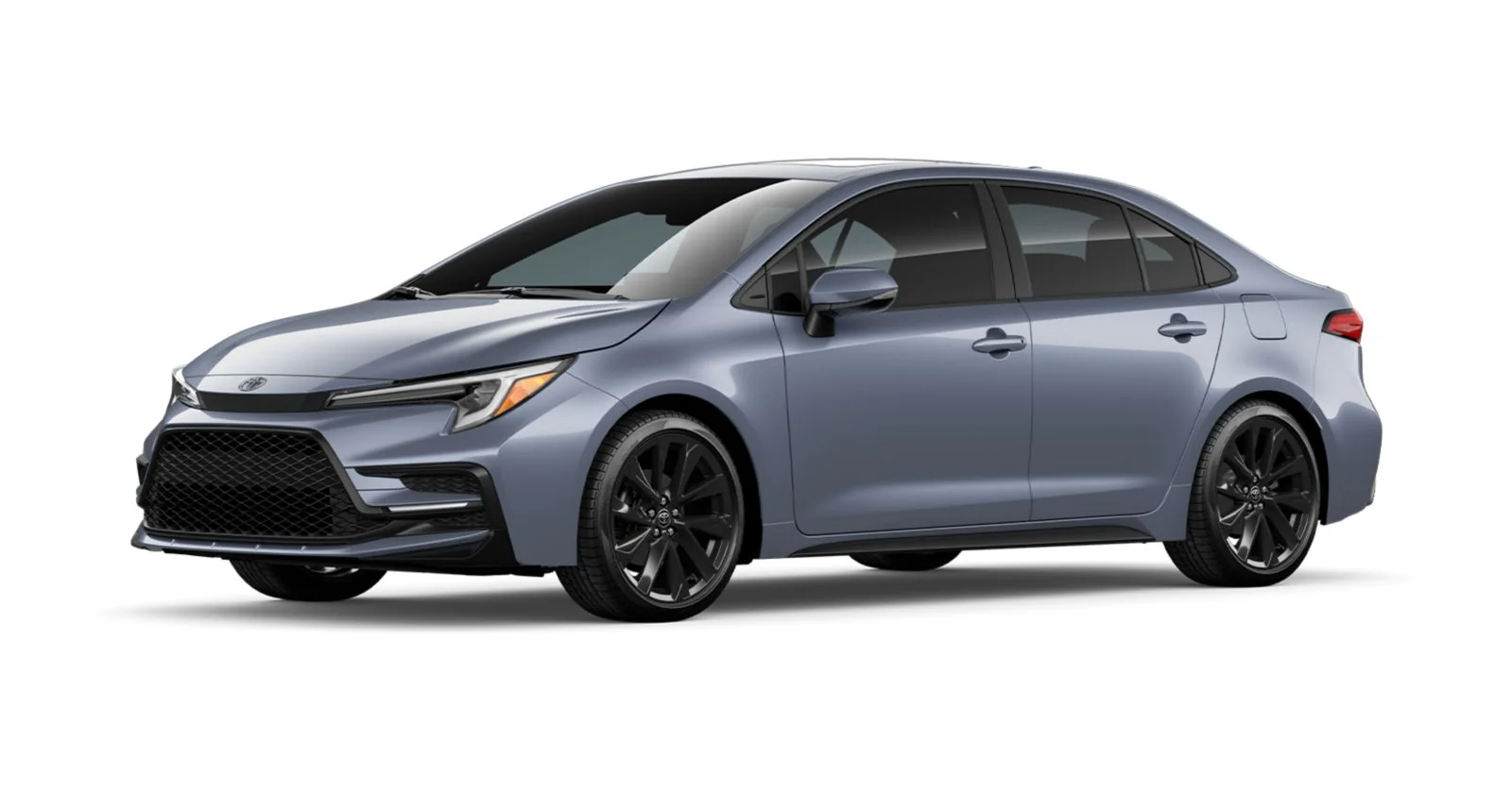 Gray 2027 Toyota Corolla sedan with black wheels, front three-quarter view